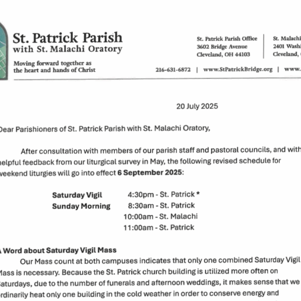 Pastor’s Letter regarding Mass times