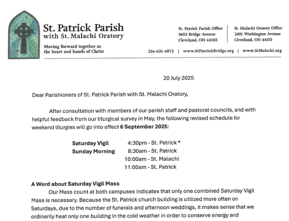Pastor’s Letter regarding Mass times